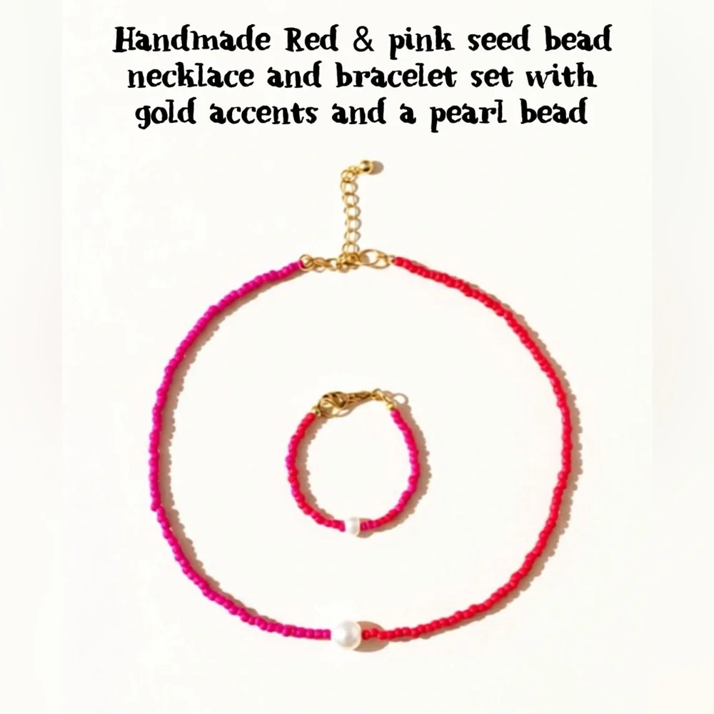 ♦️Handmade Red and Pink Necklace and Bracelet Set with Gold Accents🩷🩷